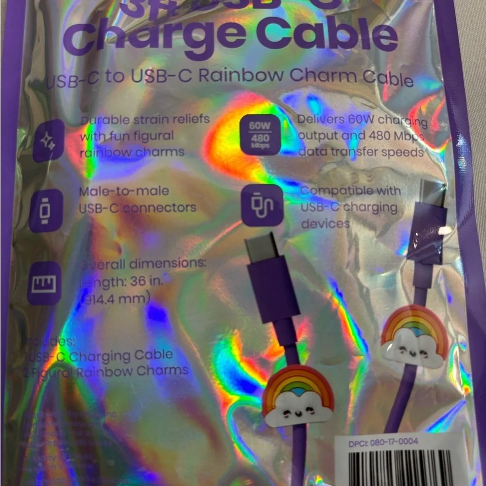 NWT Purple USB-C Charging Cable with Rainbow Cloud Design 3ft